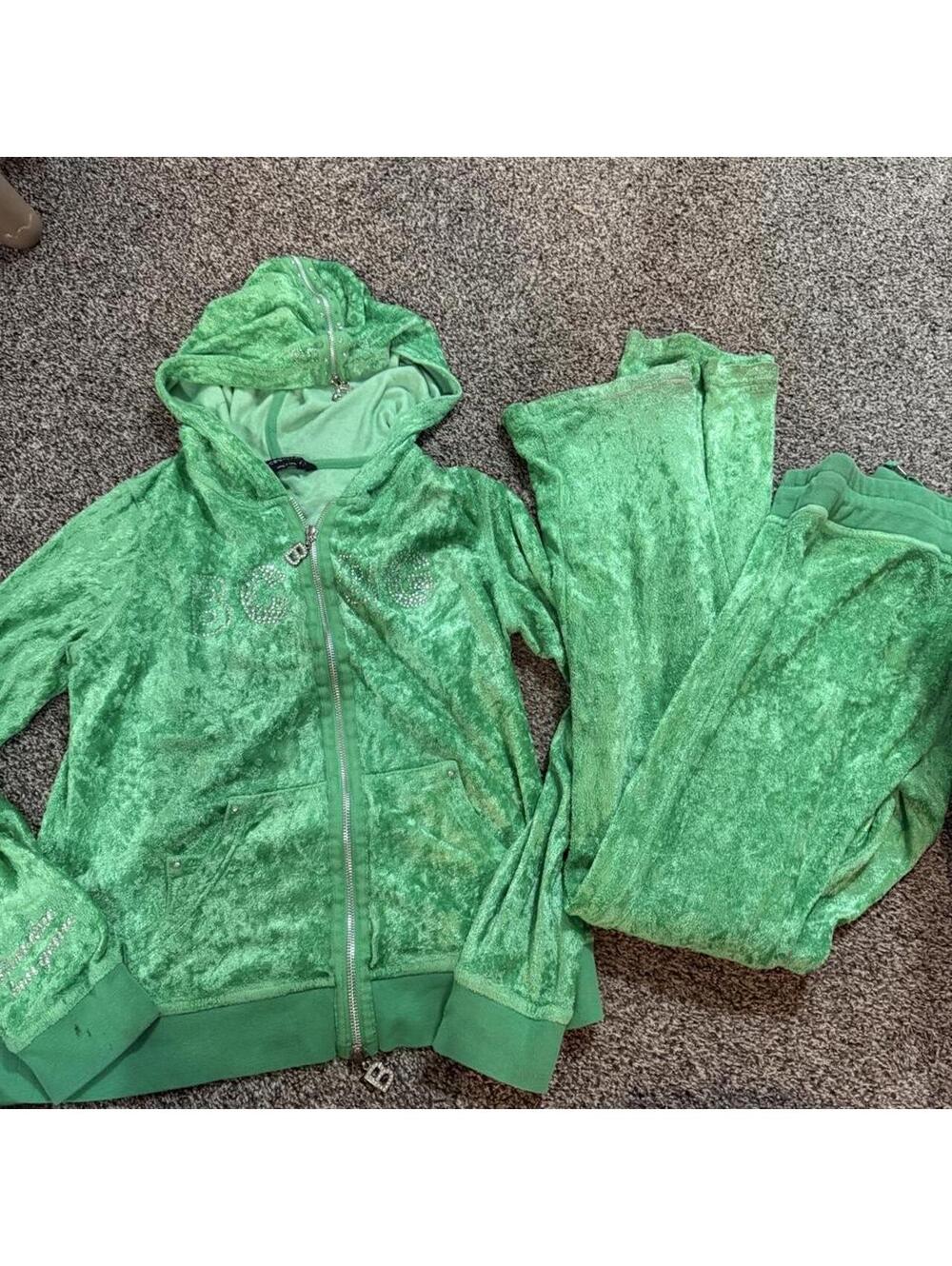 Y2K RARE BCBG Velour Womens Rhinestone Green Tracksuit Set Pants/Hoodie